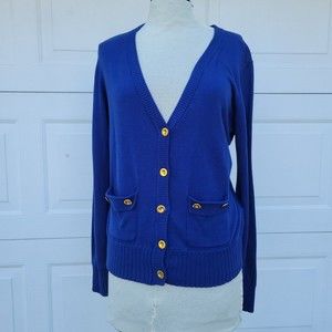 Cabi Womens Long Sleeves Button Up cardigan Blue Sz L Cashmere Blend.